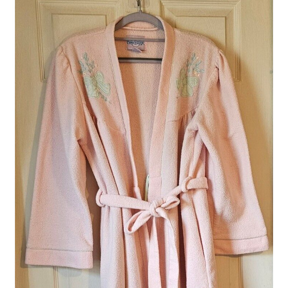 Vintage Comfy Club Womens Sz Medium Robe House Coat Pink embroidered - Picture 2 of 8